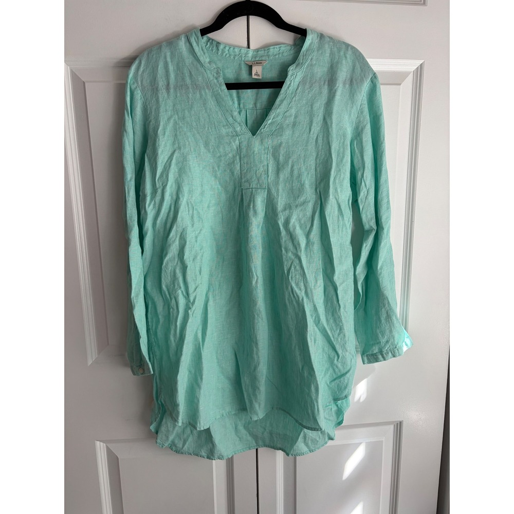 LL Bean Women Large Aqua Green 100% Linen Long Sleeve Split Neck Tunic Coverup